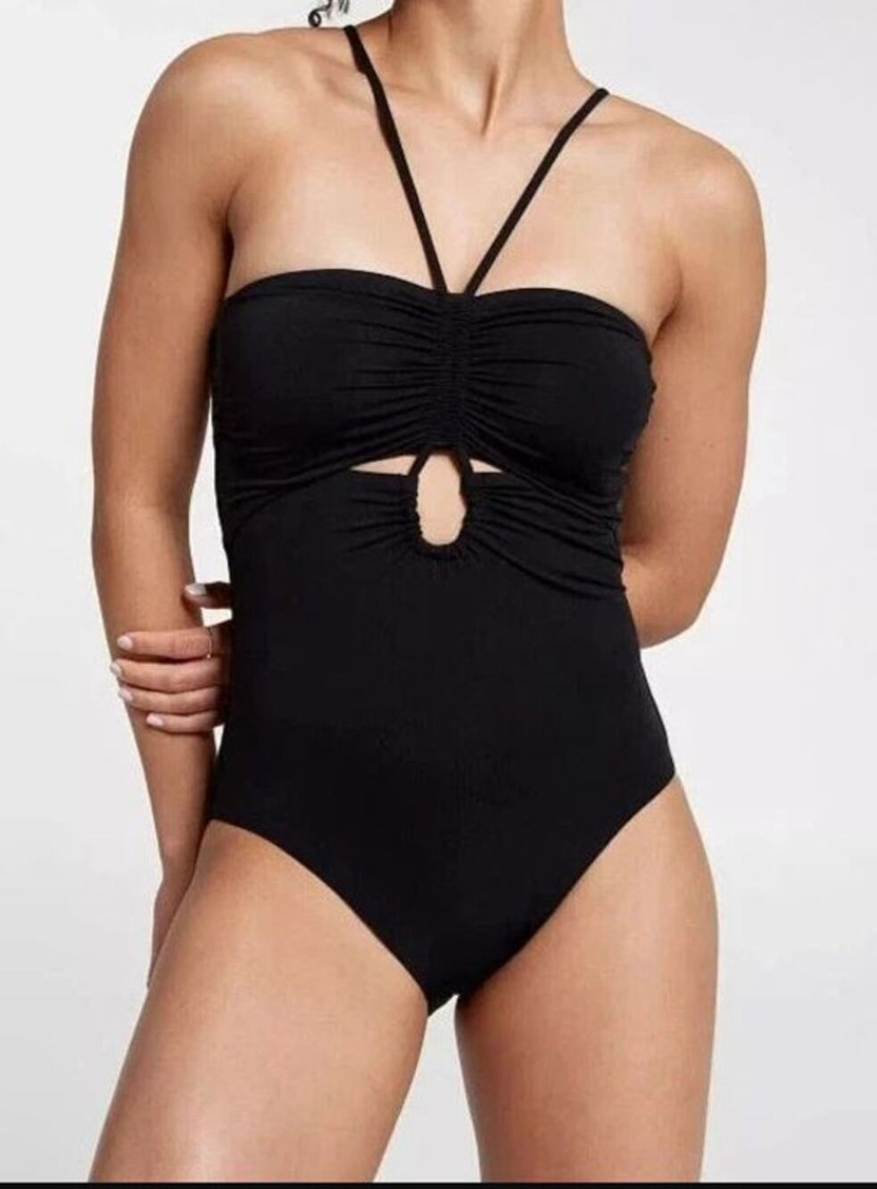 Calia NWT Shirred Cutout One Piece Swimsuit Pure Black Size 14